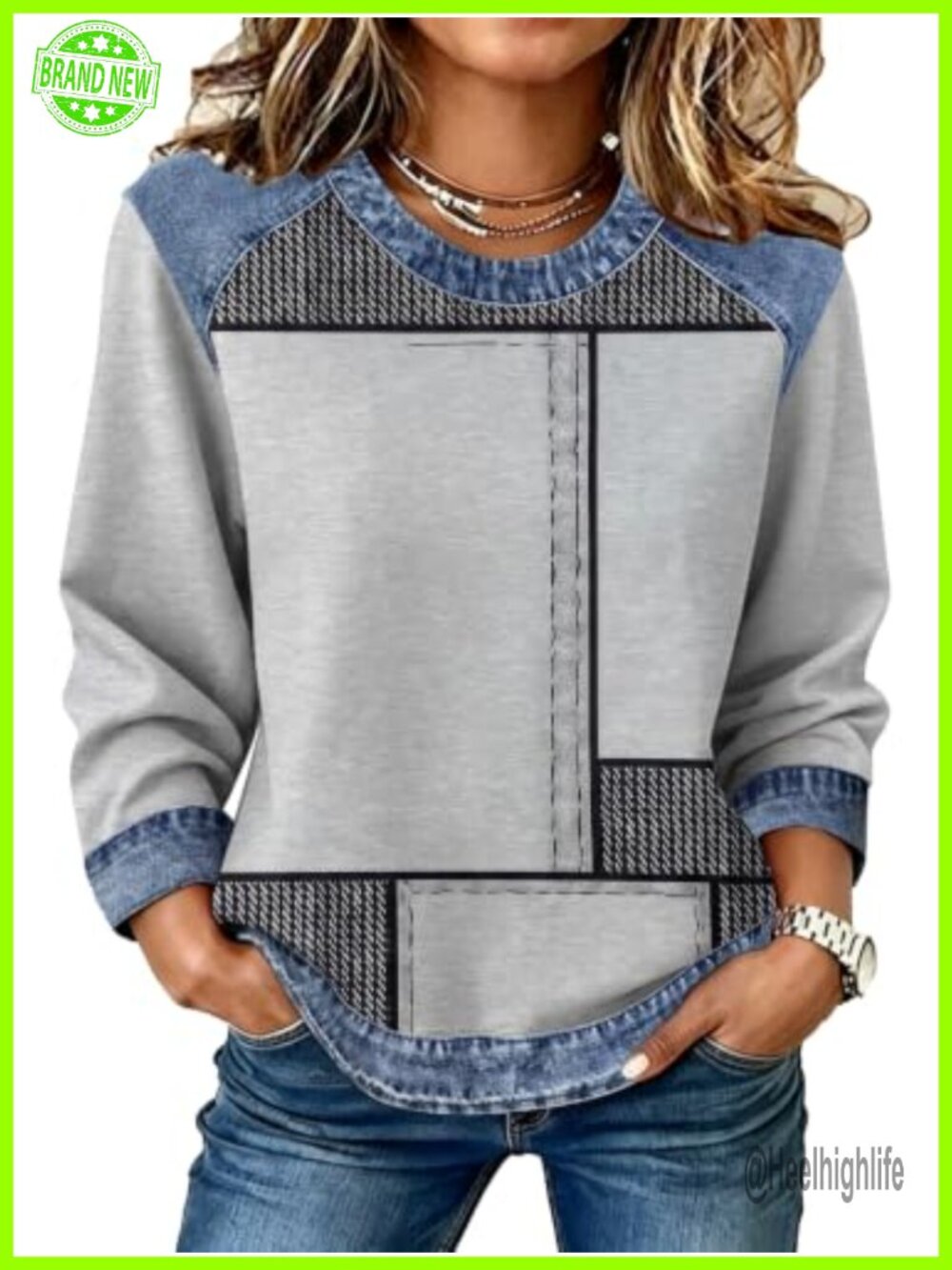 Womens Crewneck Sweatshirt Denim Patchwork Plaid Striped Pullover Fall